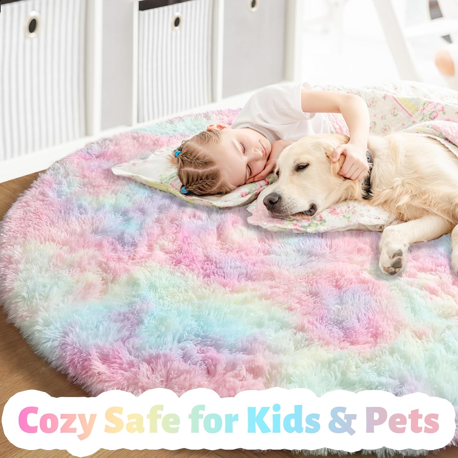 Amdrebio Rainbow Fluffy Round Rug 4Ft Kids Rugs for Girls Bedroom, Unicorn Room Decor, Colorful Pastel Shag Carpet for Preppy Dorm, Soft Cute Fuzzy Kawaii Circle Area Rugs for Baby Nursery, Playroom
